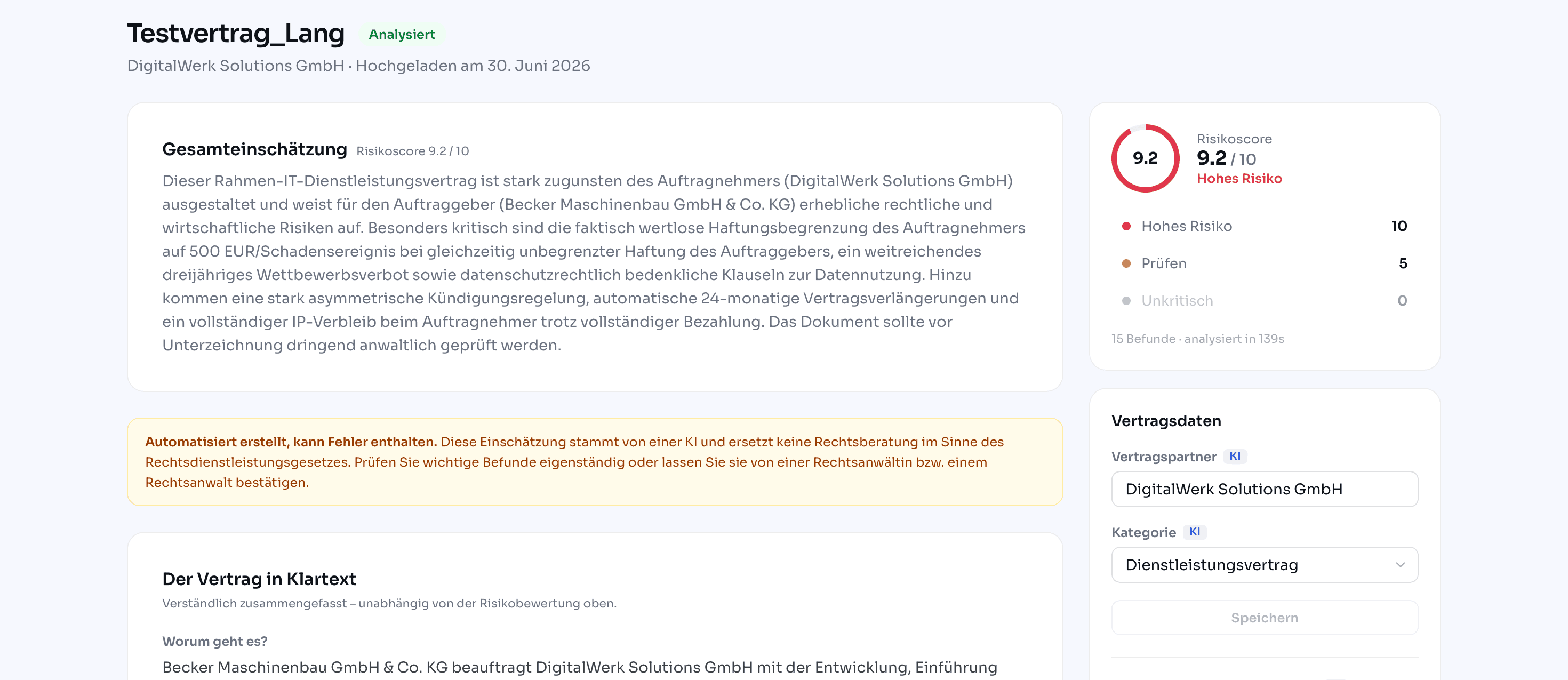 Klaro Vertragsanalyse mit Risikoscore, Gesamteinschätzung und Befunden
